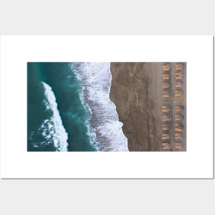 Sandy Beach with Umbrellas and Sea Waves Posters and Art